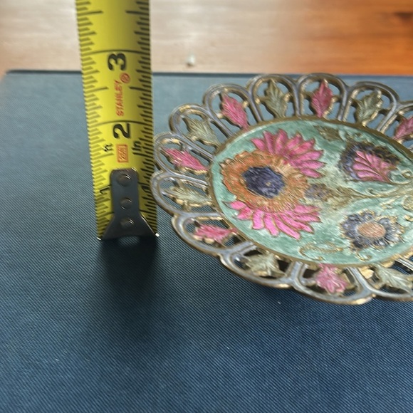 Vintage 5 In Closseine Pedestal Trinket Dish Lace Edge Orange Blue Green - Picture 7 of 8